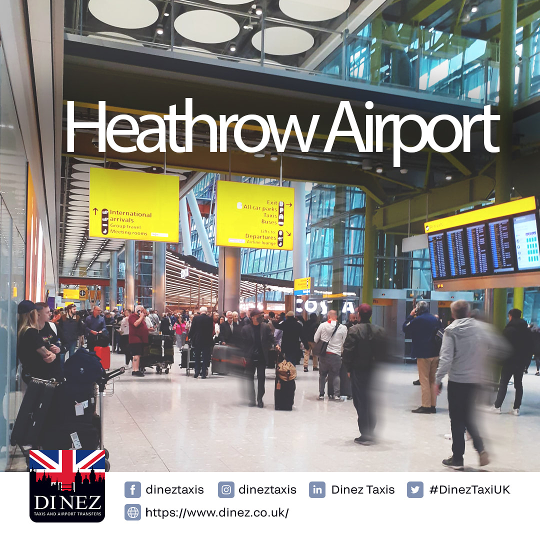 Arrival area at Heathrow Airport Terminal 5 where chauffeurs, passengers, well-wishers meet. Chauffeurs monitoring the flight and moving around the arrival hall with the guide of the overhead signages (International Arrivals, Heathrow Airport) Dinez Taxis and Airport Transfers