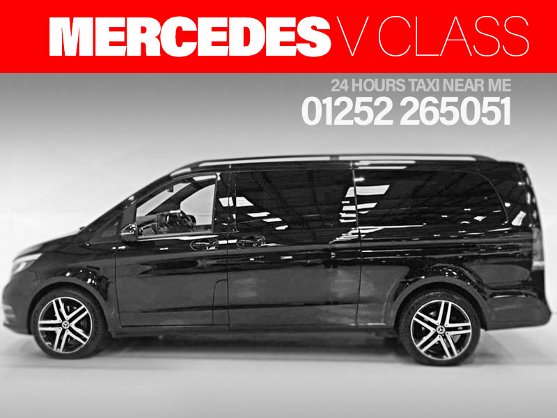 A black 7 seater Mercedes V Class Long Wheel Base executive van, ☎️01252 265051 phone number, 24 hours taxi near me