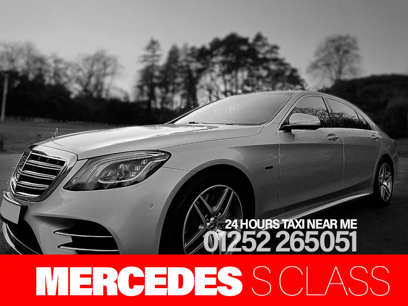 A Mercedes S Class silver luxury executive car, ☎️01252 265051 phone number, 24 hours taxi near me