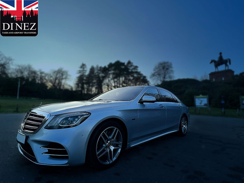 S Class Mercedes 560e taken at Wellington Statue in Aldershot.  Dinez Taxis and Airport Transfers.