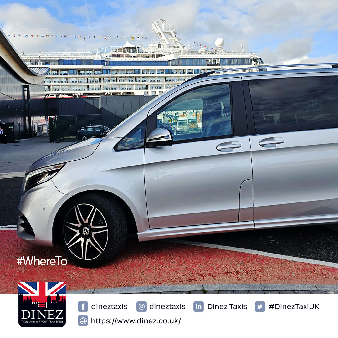 Welcome to Southampton Docks! Cruise passengers dis-embarking, a 7 seater silver Mercedes V class luxury van is waiting, the cruise ship can be seen at the background. For organised transfers, call ☎️01252 265051☎️.